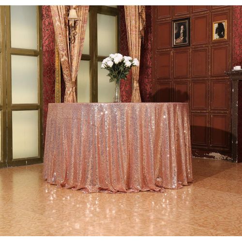  PartyDelight Sequin Tablecloth Round, Wedding, Dessert, Party, Banquet, 132 inch Rose Gold