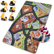 [아마존베스트]PartyKindom Kids Play Mat Playroom Rug - 3D City Engineering Rugs Carpet with 8 Two-way Hot Wheels Track, 6 Mini Engineer Pull Back Car Toys and Non-slip Design for Boys Toddlers Playroom Bedr