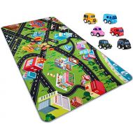 [아마존베스트]PartyKindom Kids Carpet Playmat Rug - Fun City Traffic Game Carpet with 6 Pack Pullback Cars - Learn & Have Fun & Educational Play Mat Rug Great for Children Bedroom Playroom Livin