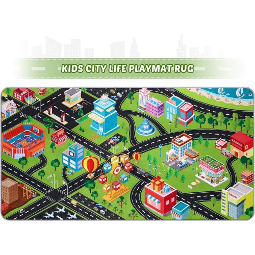  [아마존베스트]PartyKindom Kids Carpet Playmat Rug - Fun City Traffic Game Carpet with 6 Pack Pullback Cars - Learn & Have Fun & Educational Play Mat Rug Great for Children Bedroom Playroom Livin