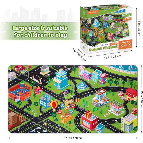  [아마존베스트]PartyKindom Kids Carpet Playmat Rug - Fun City Traffic Game Carpet with 6 Pack Pullback Cars - Learn & Have Fun & Educational Play Mat Rug Great for Children Bedroom Playroom Livin