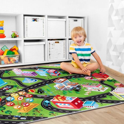  [아마존베스트]PartyKindom Kids Carpet Playmat Rug - Fun City Traffic Game Carpet with 6 Pack Pullback Cars - Learn & Have Fun & Educational Play Mat Rug Great for Children Bedroom Playroom Livin