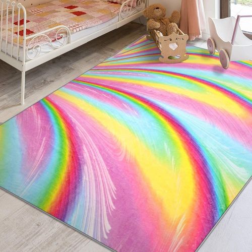  [아마존베스트]PartyKindom Kids Rug for Girls Room with Non-Slip Design - Rainbow Area Rugs for Children Kids Bedroom Play Room Nursery Colorful Fluffy Carpet Home Decor (5 x 6.5 Ft)