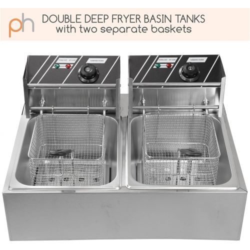  PartyHut Two 11 Liter Basins Capacity Commercial Stainless Steel Deep Fryer Machine 110v Double Two Tank Design Restaurant