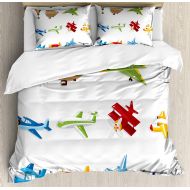 Partyshow Boys 4 Piece Bedding Set Duvet Cover Set Coverlet Queen Size, Aircrafts with Cartoon Style Jet Airliner Zeppelin Regular Plane and Hot Air Balloon, Comforter Cover Set with Zipper