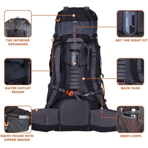  Passionlay Hiking Backpack Large Capacity 80L +10L Sports Waterproof for Men Women Light-weight Internal Frame Outdoor Camping Traveling Trekking Pack Backpack with Rain-cover (Black)