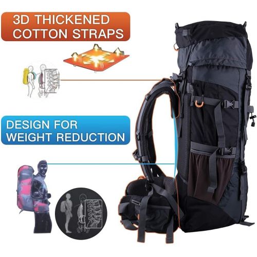  Passionlay Hiking Backpack Large Capacity 80L +10L Sports Waterproof for Men Women Light-weight Internal Frame Outdoor Camping Traveling Trekking Pack Backpack with Rain-cover (Black)