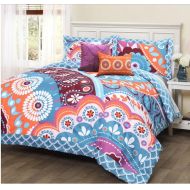 Patchwork 5 Piece Floral Geometric Pattern Comforter Set Full/Queen Size, Featuring Colorful Reversible Artful Flower Design Comfortable Bedding, Contemporary Playful Girls Bedroom Decor, Bl