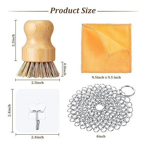  7 Pieces Cast Iron Cleaner Set Include Stainless Steel Chainmail Scrubber with Bamboo Dish Scrub Brush Hot Handle Holder 2 Pan Grill Scrapers Kitchen Towel Wall Hook