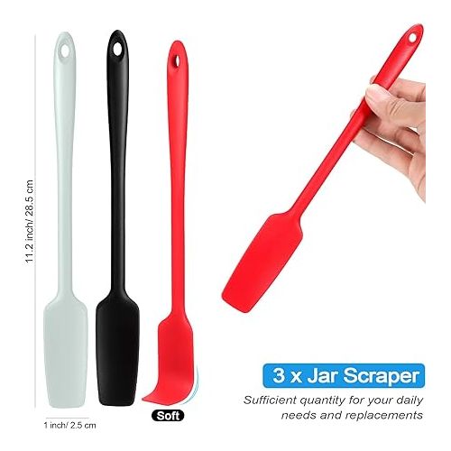  Patelai 3 Pieces Silicone Jar Spatula Long Handle Rubber Spatula Heat Resistant Non-Stick Silicone Scraper Kitchen Silicone Spatula with Stainless Steel Core for Baking (Red, Black, Light Green)
