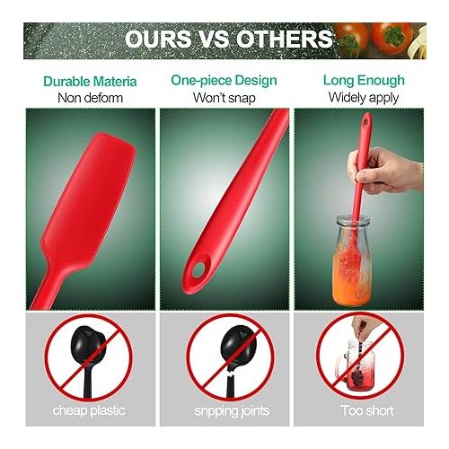  Patelai 3 Pieces Silicone Jar Spatula Long Handle Rubber Spatula Heat Resistant Non-Stick Silicone Scraper Kitchen Silicone Spatula with Stainless Steel Core for Baking (Red, Black, Light Green)