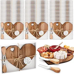 Patelai 50 Set Bridal Shower Party Favors Wooden Heart Shaped Cheese Board Cheese Knives Set Thank You Tags with White Box Gifts for Guests Prizes Wedding Party Baby Shower Valentines Day (Acacia)