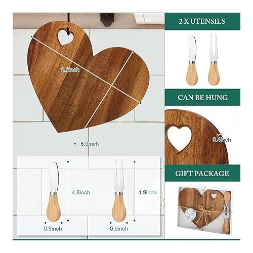  Patelai 12 Set Bridal Shower Party Favors Wooden Heart Shaped Cheese Board Cheese Knives Set Thank You Tags with White Box Gifts for Guests Prizes Wedding Party Baby Shower Valentines Day (Acacia)