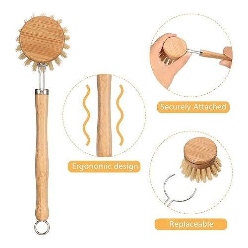  8 Pieces Wooden Kitchen Dish Brush Include Bamboo Scrub Cleaning Brush and Replacement Brush Heads Dish Brush for Kitchen Room Cleaning Supplies