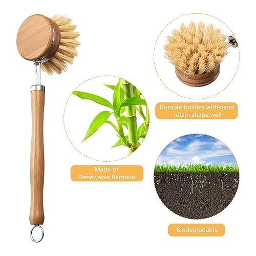  8 Pieces Wooden Kitchen Dish Brush Include Bamboo Scrub Cleaning Brush and Replacement Brush Heads Dish Brush for Kitchen Room Cleaning Supplies