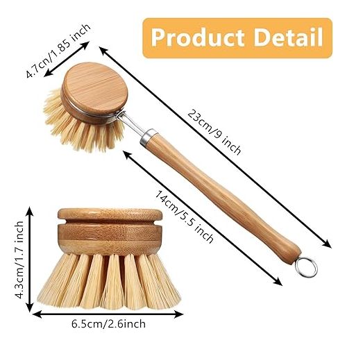  8 Pieces Wooden Kitchen Dish Brush Include Bamboo Scrub Cleaning Brush and Replacement Brush Heads Dish Brush for Kitchen Room Cleaning Supplies