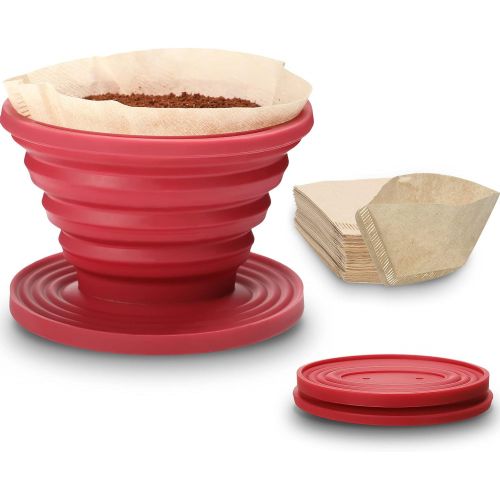  Patelai Collapsible Coffee Drip Dripper Easy Red Manual Coffee Brew Maker with 80 Pieces Unbleached Paper Filters Paper Coffee Filter Reusable Silicone Coffee Dripper for Hiking, Camping,