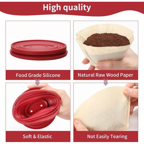  Patelai Collapsible Coffee Drip Dripper Easy Red Manual Coffee Brew Maker with 80 Pieces Unbleached Paper Filters Paper Coffee Filter Reusable Silicone Coffee Dripper for Hiking, Camping,
