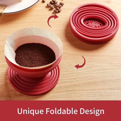  Patelai Collapsible Coffee Drip Dripper Easy Red Manual Coffee Brew Maker with 80 Pieces Unbleached Paper Filters Paper Coffee Filter Reusable Silicone Coffee Dripper for Hiking, Camping,