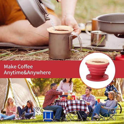  Patelai Collapsible Coffee Drip Dripper Easy Red Manual Coffee Brew Maker with 80 Pieces Unbleached Paper Filters Paper Coffee Filter Reusable Silicone Coffee Dripper for Hiking, Camping,