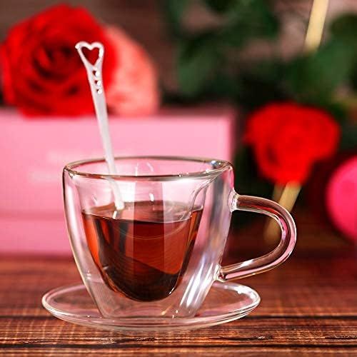  [아마존베스트]Patelai Heart Shaped Double Walled Glass Insulated Coffee Mug Clear Tea Cup 180 ml, 6 Oz Cappuccino Cup with Saucer and Heart Shaped Coffee Spoons for Valentines Day Anniversary Party Supp