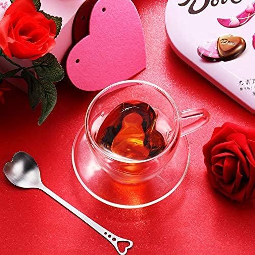  [아마존베스트]Patelai Heart Shaped Double Walled Glass Insulated Coffee Mug Clear Tea Cup 180 ml, 6 Oz Cappuccino Cup with Saucer and Heart Shaped Coffee Spoons for Valentines Day Anniversary Party Supp