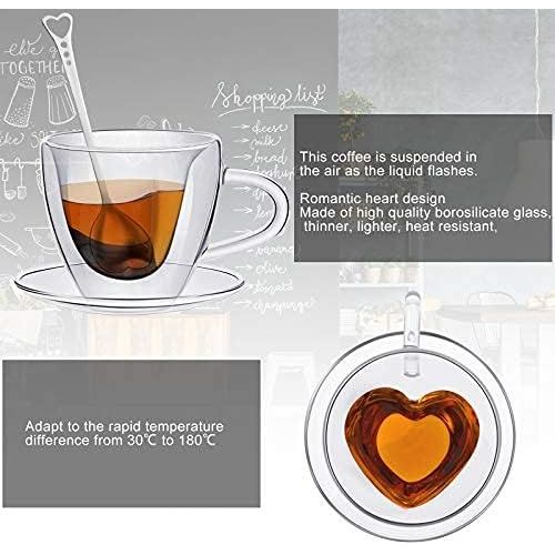  [아마존베스트]Patelai Heart Shaped Double Walled Glass Insulated Coffee Mug Clear Tea Cup 180 ml, 6 Oz Cappuccino Cup with Saucer and Heart Shaped Coffee Spoons for Valentines Day Anniversary Party Supp