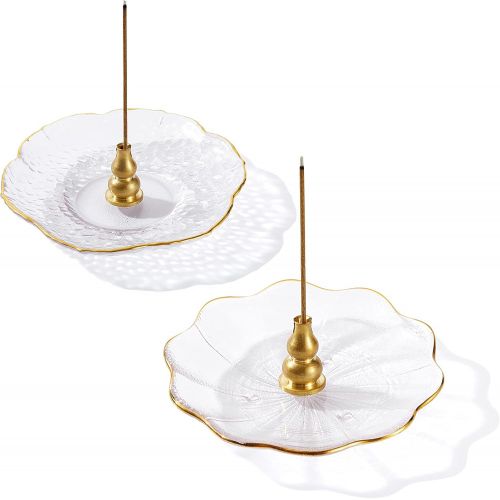  인센스스틱 Patelai Lotus Leaf Glass Incense Holder and Golden Begonia Glass Incense Stick Holder with Pure Cooper Incense Seat Transparent Glass Incense Holder Incense Ash Catcher Tray