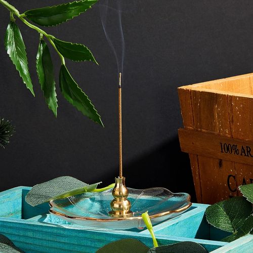  인센스스틱 Patelai Lotus Leaf Glass Incense Holder and Golden Begonia Glass Incense Stick Holder with Pure Cooper Incense Seat Transparent Glass Incense Holder Incense Ash Catcher Tray