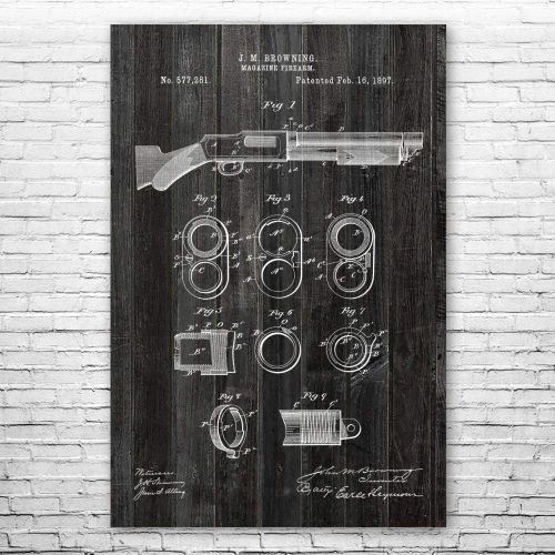  Patent Earth Model 1897 Shotgun Poster Print, Hunter Gift, Gun Club Decor, Shotgun Blueprint, Shooting Range Art, Policeman Gift Weathered Wood (5 inch x 7 inch)