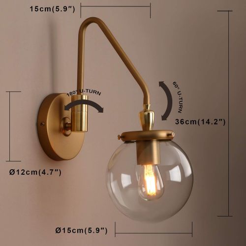  Pathson Industrial Glass Wall Sconce Lighting, Adjustable Swing Arm Wall Lamp for Bedside, Vintage Style Wall Light Fixtures for E26 Bulbs Brass Dark Finish (Antique)