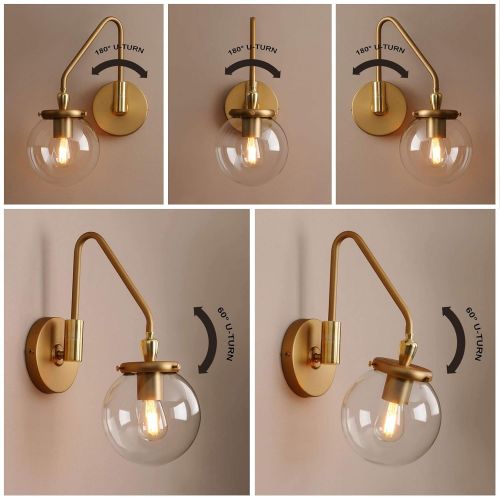  Pathson Industrial Glass Wall Sconce Lighting, Adjustable Swing Arm Wall Lamp for Bedside, Vintage Style Wall Light Fixtures for E26 Bulbs Brass Dark Finish (Antique)