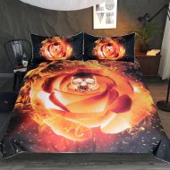 Sleepwish Gothic Fire Skull and Rose Bedding Yellow Orange Fire Flames Pattern Bedspread 3 Piece Hipster Teens Boys Duvet Cover Set (Full)