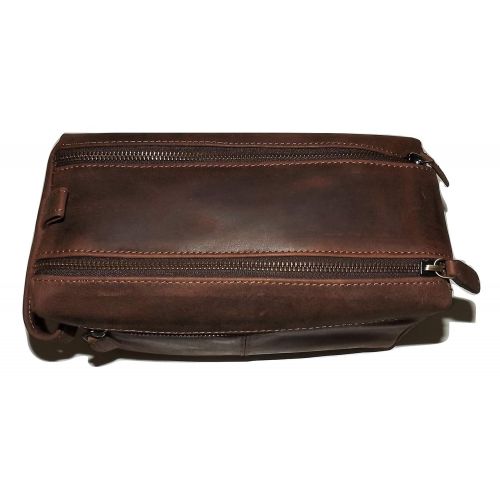  Paul & Taylor Leather Hunter Dual Top Zip Toiletry Travel Shave Kit Brown