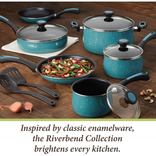  Paula Deen Riverbend Nonstick Cookware Pots and Pans Set, 12 Piece, Gulf Blue Speckle