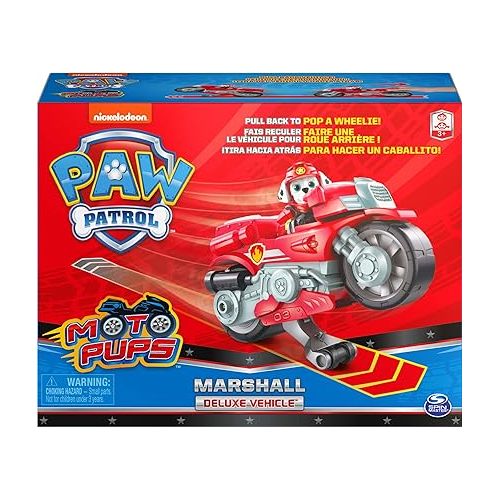  Paw Patrol, Moto Pups Marshall’s Deluxe Pull Back Motorcycle Vehicle with Wheelie Feature and Toy Figure