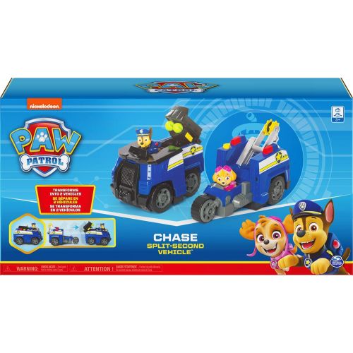  Paw Patrol, Chase Split-Second 2-in-1 Transforming Police Cruiser Vehicle with 2 Collectible Figures