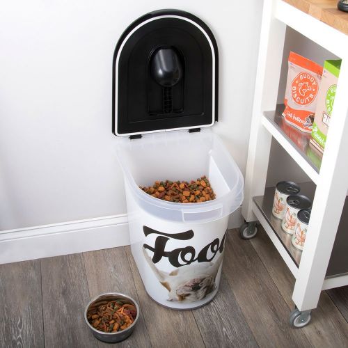  Paw Prints 37579 26 lb. Plastic Rolling Pet Food Bin, Includes Measured Scoop, 15.5 x 16.75 x 13.25, Carlos The Bulldog Design