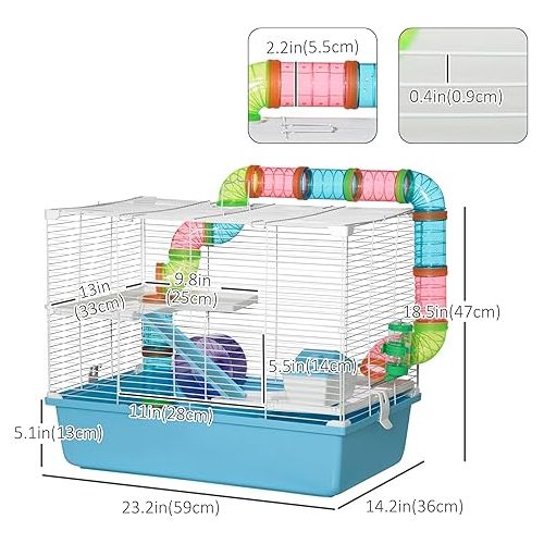  PawHut 3-Tier Large Hamster Cage with Tubes and Tunnels, Portable Carry Handles, Toy-Filled Steel Small Animal House, Includes Exercise Wheel, Water Bottle, Food Dish, 23