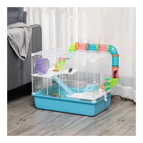  PawHut 3-Tier Large Hamster Cage with Tubes and Tunnels, Portable Carry Handles, Toy-Filled Steel Small Animal House, Includes Exercise Wheel, Water Bottle, Food Dish, 23