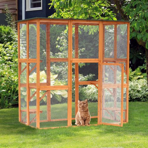  PawHut Large Wooden Outdoor Cat Enclosure Catio Cage with Ramp and Covered House