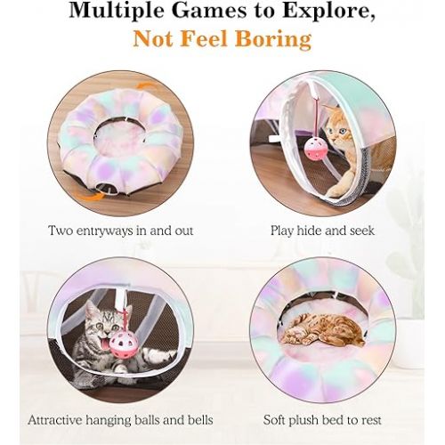  Pawaboo Cat Tunnel with Cat Bed, Spliceable Design, Cool Gradient, Fun Balls, Spacious 35.4in Diameter, Foldable and Lightweight