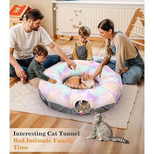  Pawaboo Cat Tunnel with Cat Bed, Spliceable Design, Cool Gradient, Fun Balls, Spacious 35.4in Diameter, Foldable and Lightweight