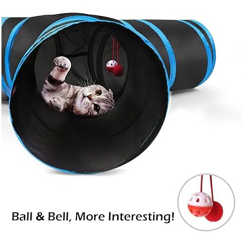  Pawaboo Cat Toys, Cat Tunnel Tube 3-Way Tunnels 25x40cm Extensible Collapsible Cat Play Tent Interactive Toy Maze Cat House Bed with Balls and Bells for Cat Kitten Kitty Rabbit Small Animal, Blue