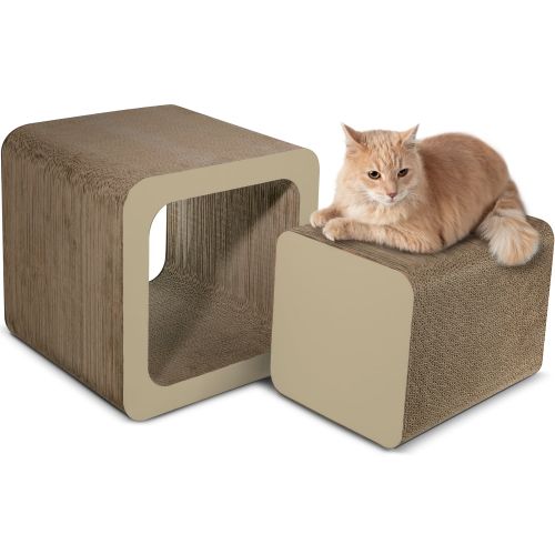  Paws & Pals Square Cat Scratcher Post and Lounger - 2-in-1 Removable Cardboard Scratching Cube Insert with Catnip