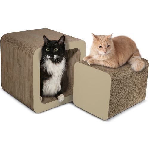  Paws & Pals Square Cat Scratcher Post and Lounger - 2-in-1 Removable Cardboard Scratching Cube Insert with Catnip