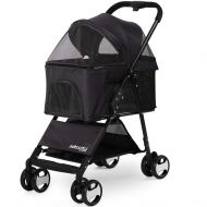 Paws & Pals Dog Stroller Easy to Walk Folding Travel Carriage for Pets & Cats with Detachable Carrier - Black