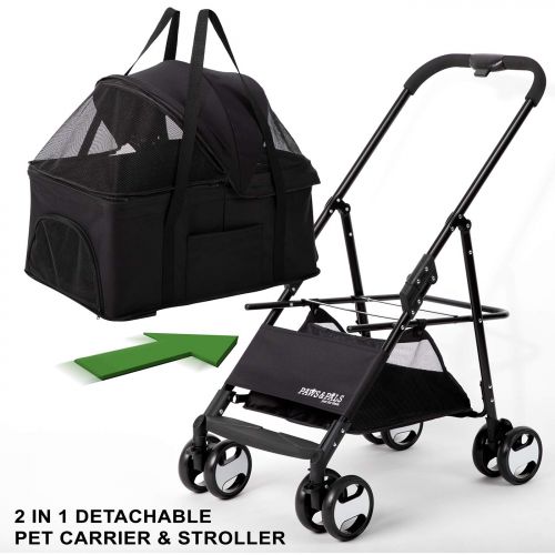  Paws & Pals Dog Stroller Easy to Walk Folding Travel Carriage for Pets & Cats with Detachable Carrier - Black