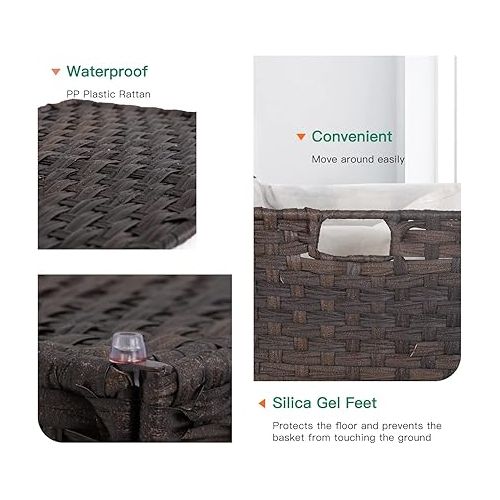  Paylesshere Laundry Basket Handwoven Laundry Hamper 90L/110L Foldable Rattan Laundry Hamper With Lid,2 Removable Liner Bags & 6 Laundry Bags,Clothes Hamper Bathroom Laundry Basket,Brown