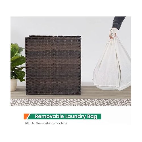  Paylesshere Laundry Basket Handwoven Laundry Hamper 90L/110L Foldable Rattan Laundry Hamper With Lid,2 Removable Liner Bags & 6 Laundry Bags,Clothes Hamper Bathroom Laundry Basket,Brown